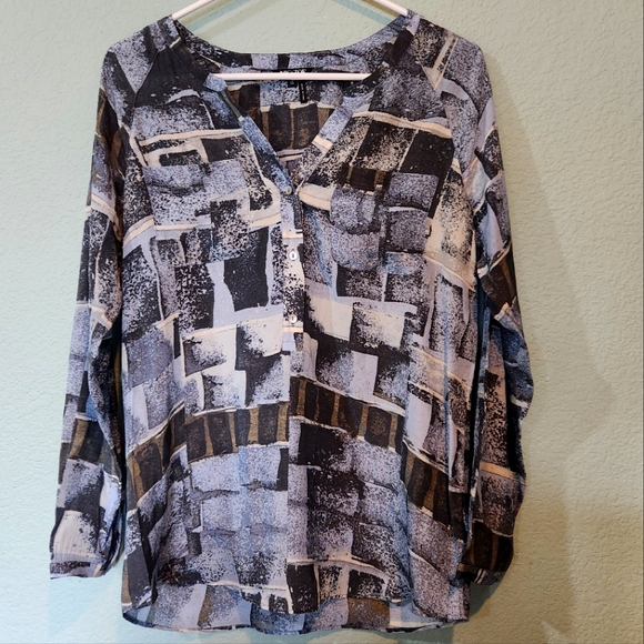 Nic + Zoe Shirt Tunic Silk Viscose Blue Geometric Patchwork Long Sleeve Nwt XS - Picture 1 of 8